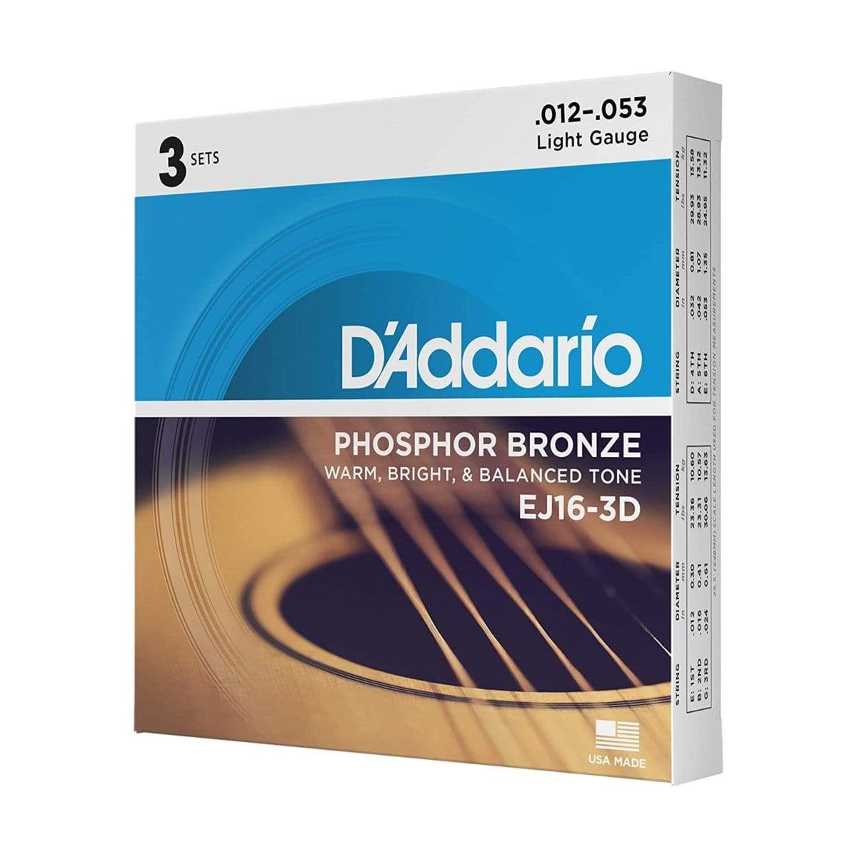 D'Addario Guitar Accessories D'Addario EJ16-3D Acoustic Guitar Strings Phosphor Bronze Custom Light 12-53 3-Pack - Byron Music