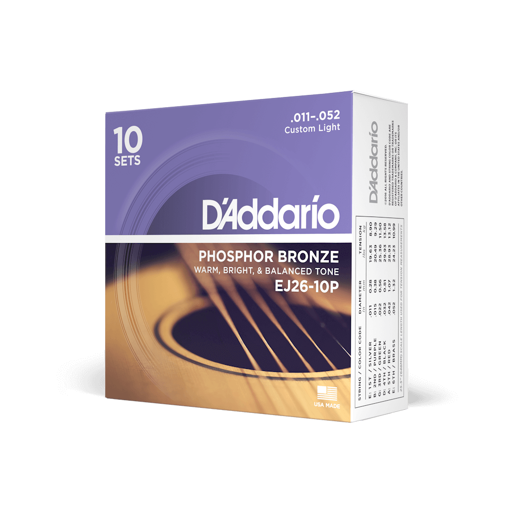 Daddario Guitar Accessories D'Addario EJ26-10P Acoustic Guitar Strings Phosphor Bronze Custom Light 11-52 10-Pack - Byron Music