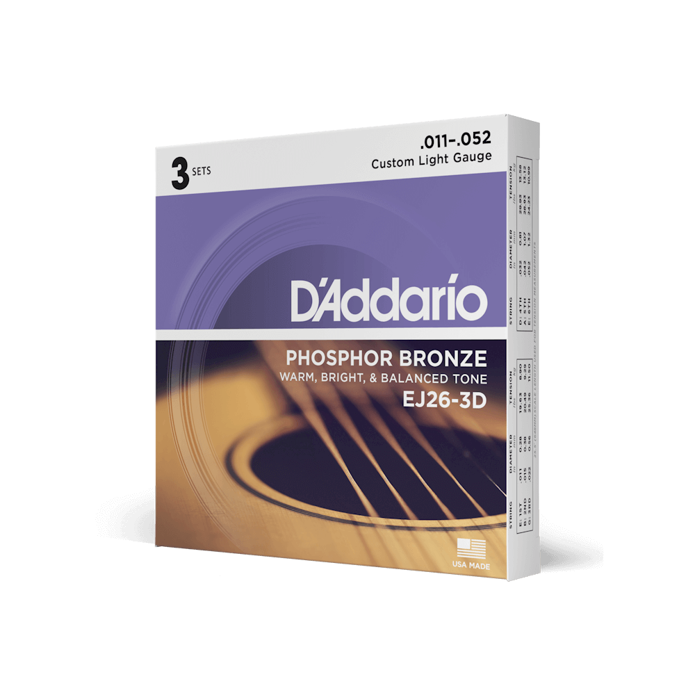 D'Addario Guitar Accessories D'Addario EJ26-3D Acoustic Guitar Strings Phosphor Bronze Custom Light 11-52 3-Pack - Byron Music