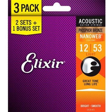 Elixir Guitar Accessories Elixir 16545 12-53 Nanoweb Acoustic 3 Pack - Byron Music
