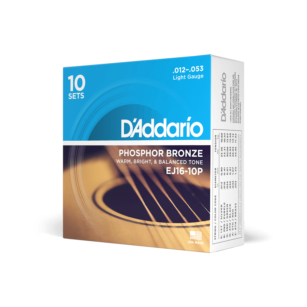 Daddario Guitar Accessories D&#39;Addario EJ16-10P Acoustic Guitar Strings Phosphor Bronze Light 12-53 10-Pack - Byron Music