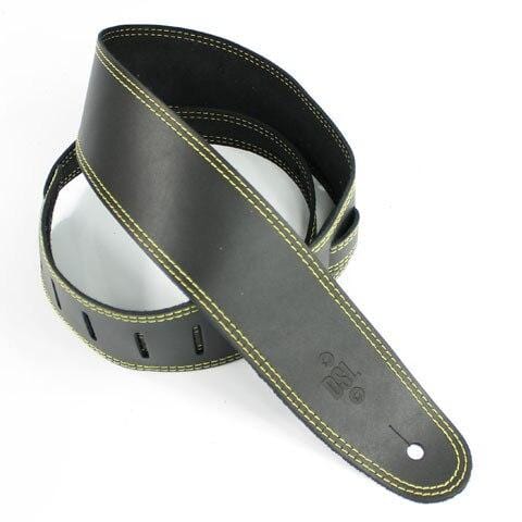 DSL Guitar Accessories DSL Strap Guitar Bass Leather Black/Yellow Stitch 2.5 Inch Aus Made NEW - Byron Music