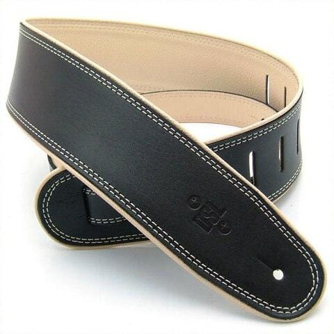 DSL Guitar Accessories DSL Strap Guitar Bass Leather Rolled Edge Black/Beige 2.5 Inch Aus Made NEW - Byron Music