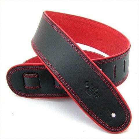 DSL Guitar Accessories DSL Strap Guitar Bass Leather Rolled Edge Black/Red 2.5 Inch Aus Made NEW - Byron Music