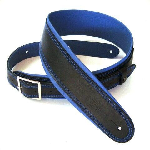 DSL Guitar Accessories DSL Strap Guitar Bass Leather Rolled Edge Buckle Black/Blue 2.5 Inch Aus Made - Byron Music
