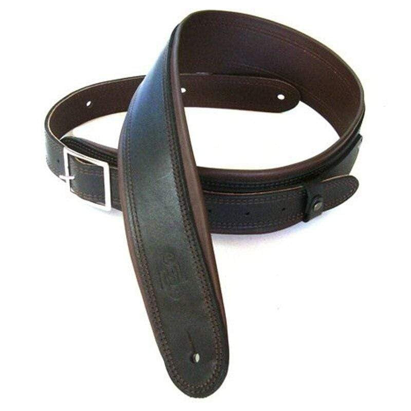 DSL Strap Guitar Bass Leather Rolled Edge Buckle Black/Brown 2.5 Inch Aus Made