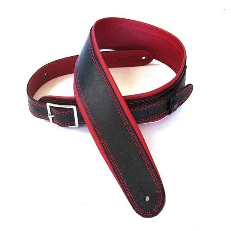 DSL Strap Guitar Bass Leather Rolled Edge Buckle Black/Red 2.5 Inch Aus Made