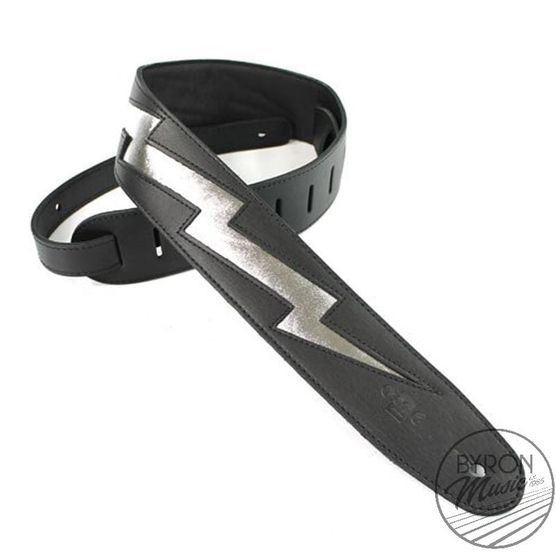 DSL Guitar Accessories DSL Strap Guitar Bass Leather Silver Lightning Bolt Black 2.5 Inch Aus Made NEW - Byron Music