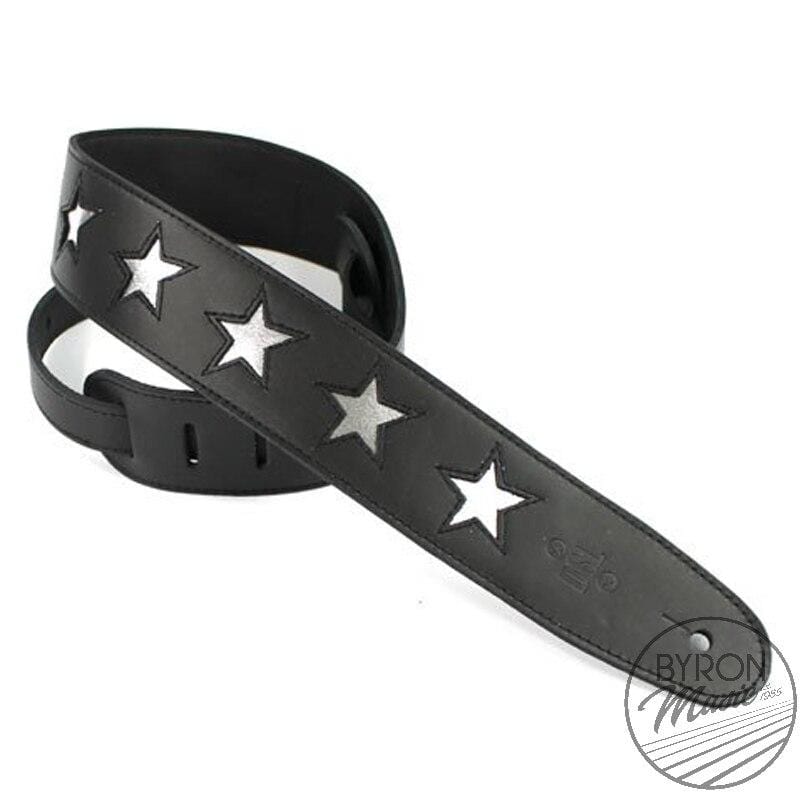 DSL Guitar Accessories DSL Strap Guitar Bass Leather Silver Star Black 2.5 Inch Aus Made NEW - Byron Music