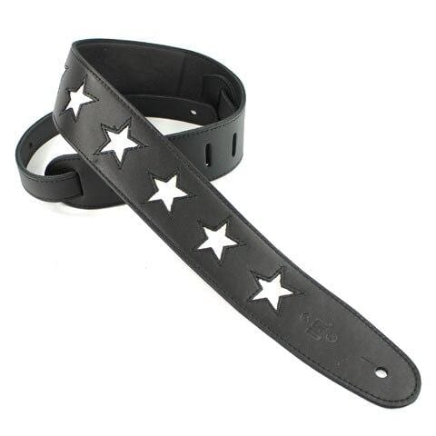 DSL Guitar Accessories DSL Strap Guitar Bass Leather White Star Black 2.5 Inch Aus Made NEW - Byron Music